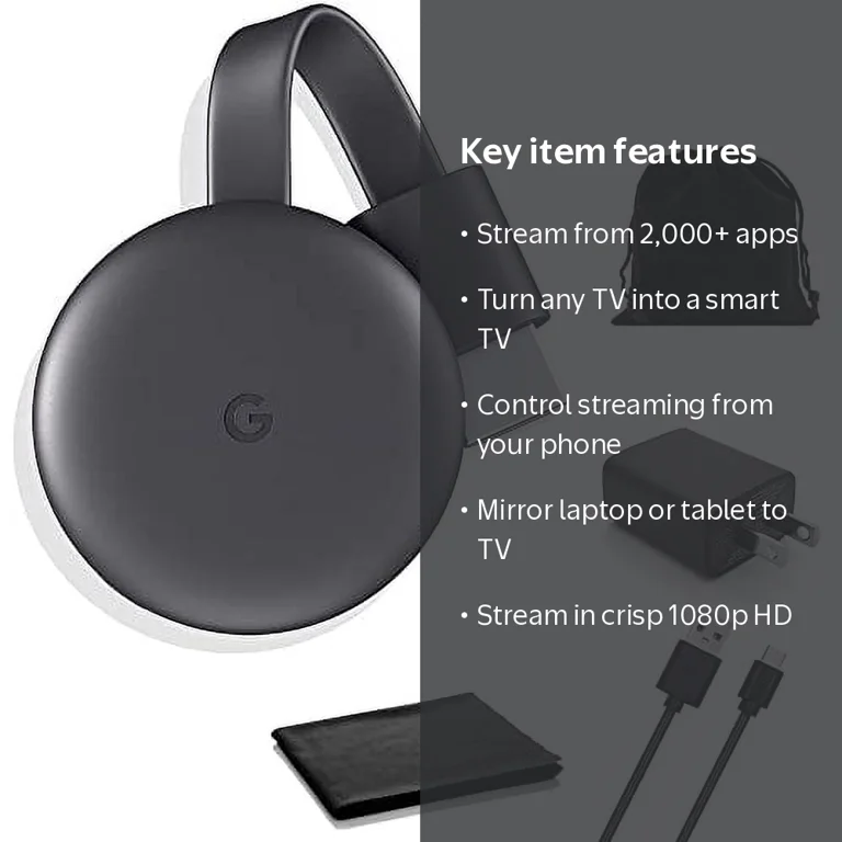 Google Chromecast Streaming Device, HDMI Cable, Stream Shows