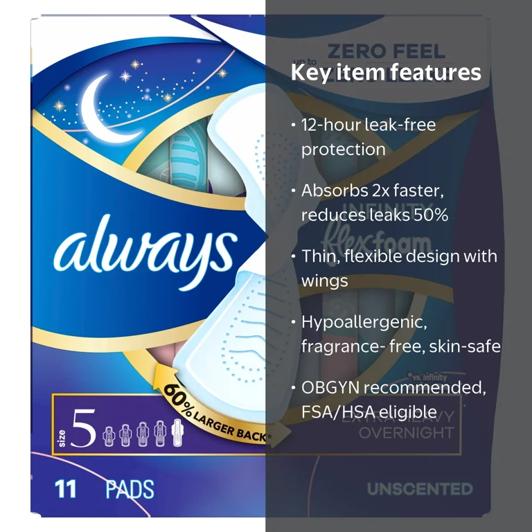 Always Infinity with FlexFoam Pads, Size 5, Extra Heavy Overnight