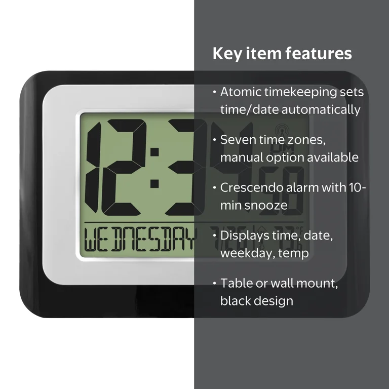 Mainstays Digital Atomic Calendar Clock with Temperature, Alarm