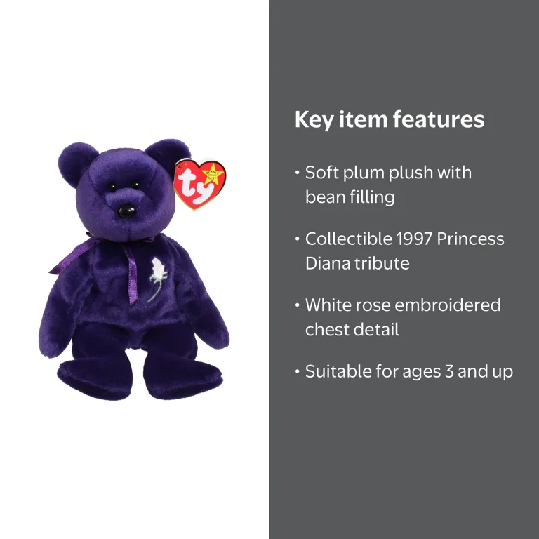 Beanie Babies Ty Princess Diana Beanie Baby, Plum Plush, White