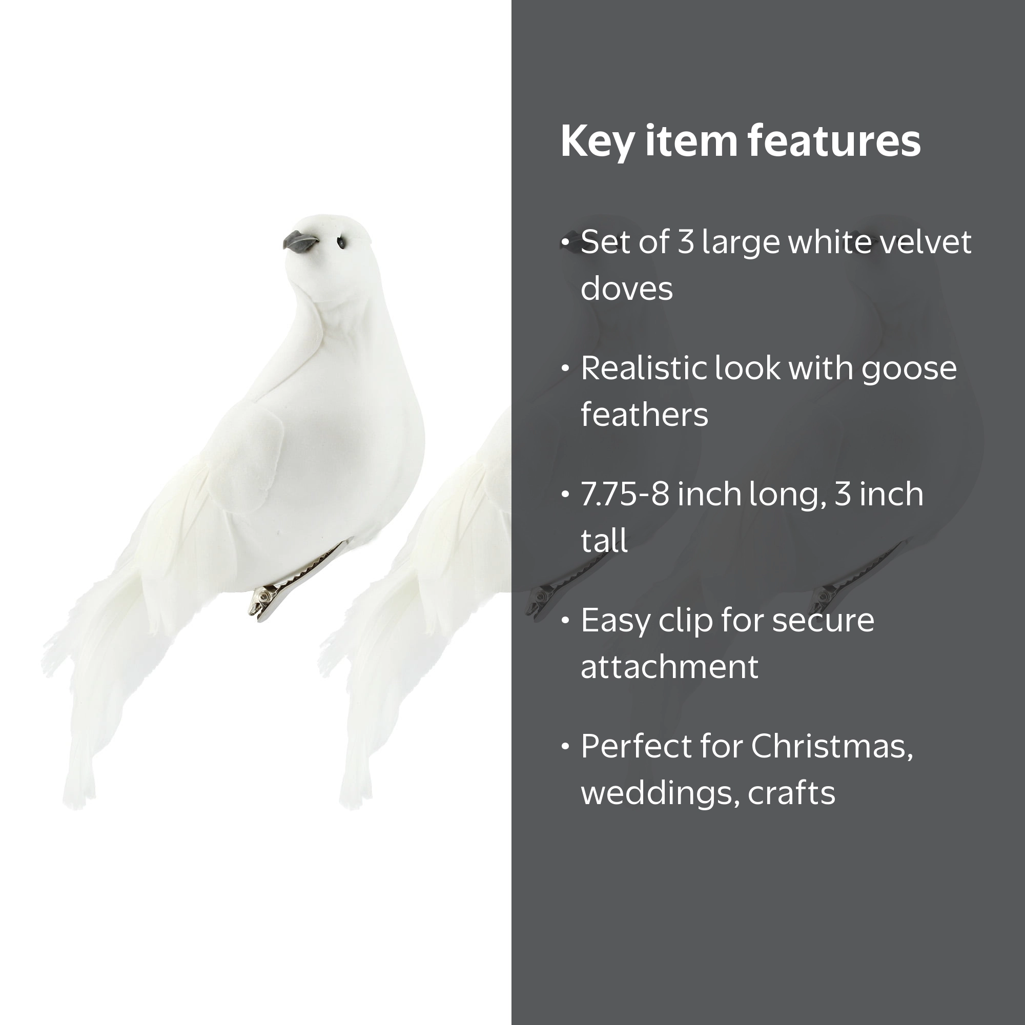 Darware Large White Dove Birds (Set of 3, 8-inch) with Clips