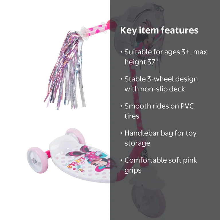 Huffy Disney Minnie Girls' 3-Wheel Pink Scooter with Streamers and