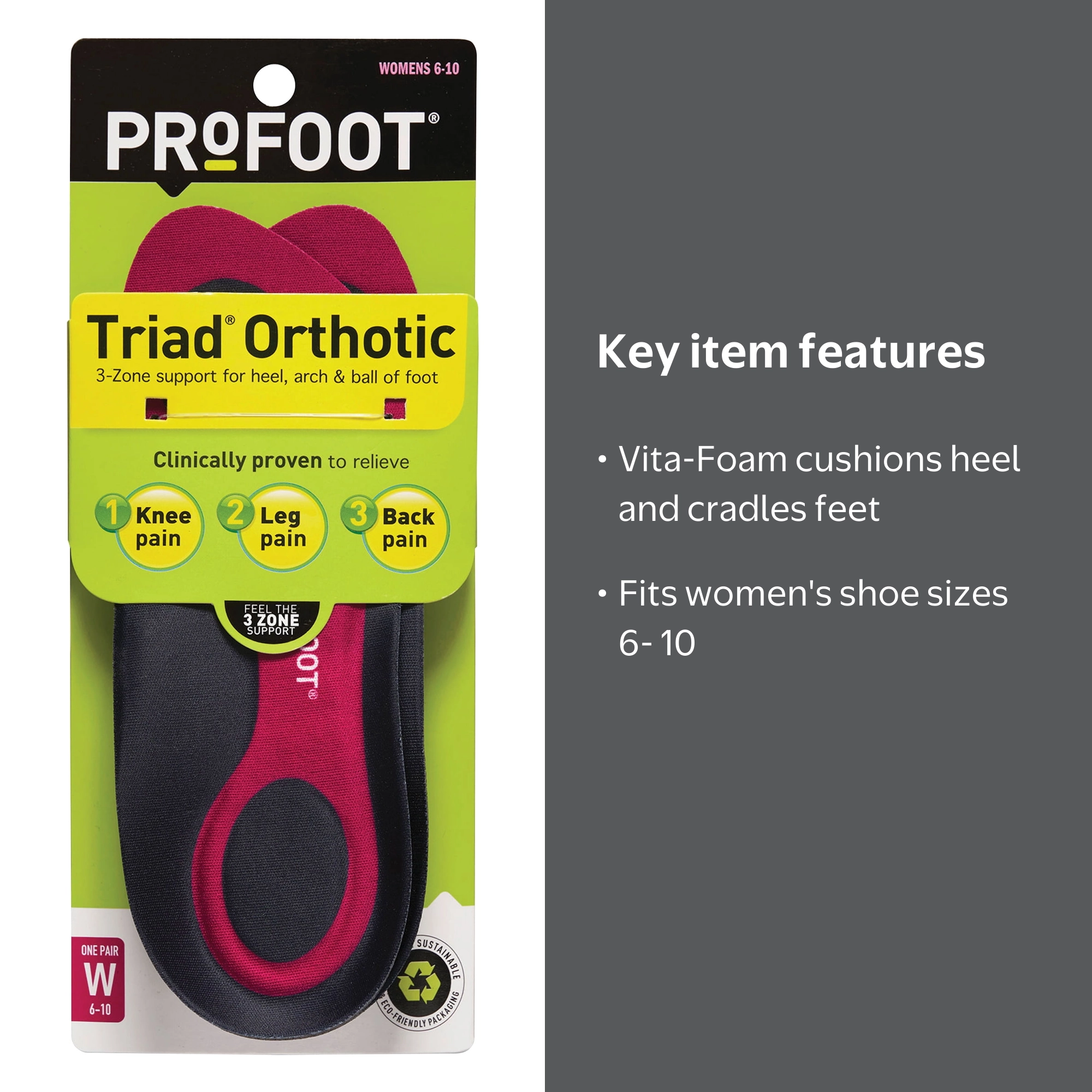 PROFOOT Triad Orthotic Insoles for Knee, Leg & Back Pain, Women's