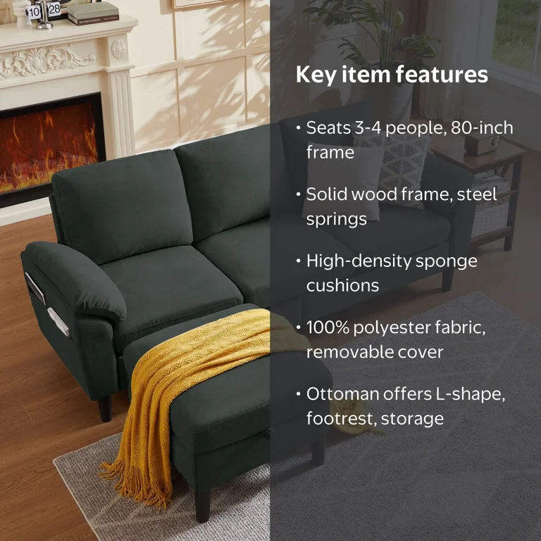 Jarenie Convertible Sectional Sofa with Reversible Storage Chaise for Small Spaces, Modern Polyester Fabric 3-Seat L Shaped Couch, Black
