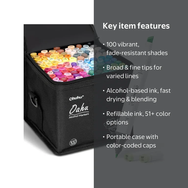 Ohuhu Alcohol Markers Chisel & Fine Dual Tips - 100 Colors - Oahu