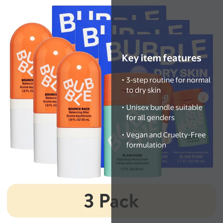 3 pack) Bubble Skincare 3-Step Hydrating Routine Bundle for Normal