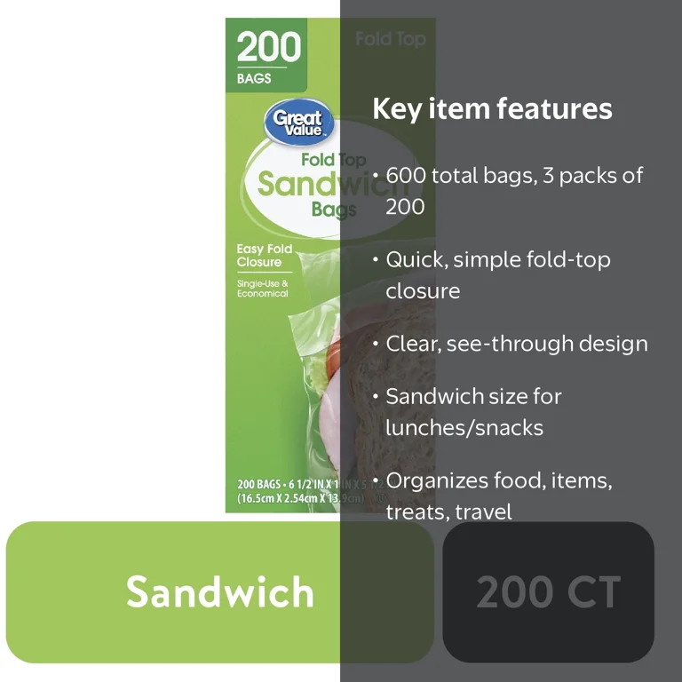 3 pack) Great Value Sandwich Bags, Fold Top, 200 Count - Walmart.com