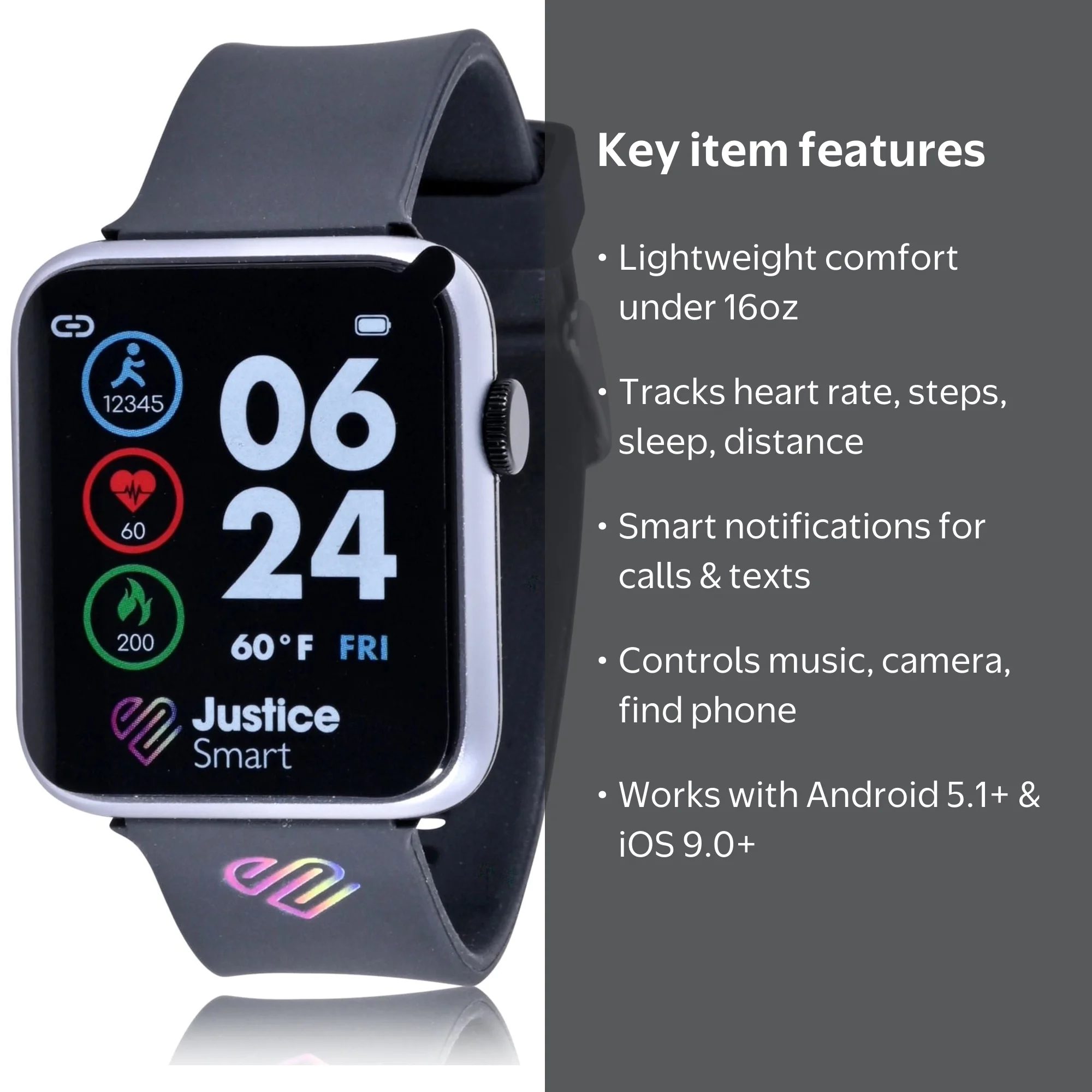 Justice Unisex Tween Smart Watch with Silicone Strap with