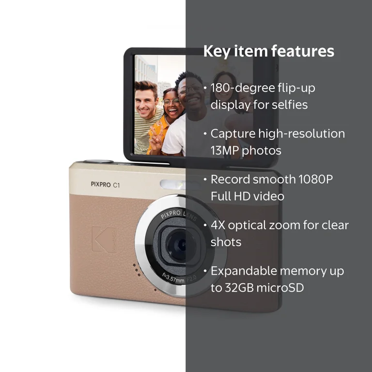 Kodak PIXPRO C1 Digital Camera, 13MP, 4X Optical Zoom, 26mm Wide