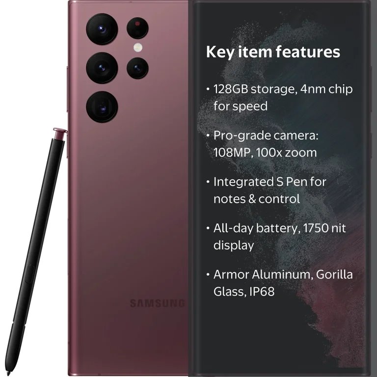 New Samsung Galaxy S22 ULTRA 5G Phone, Android, 128GB, Burgundy