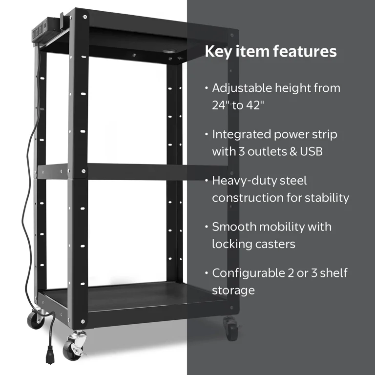 3-layer Utility Steel AV Cart with Wheels Power Strip, 25