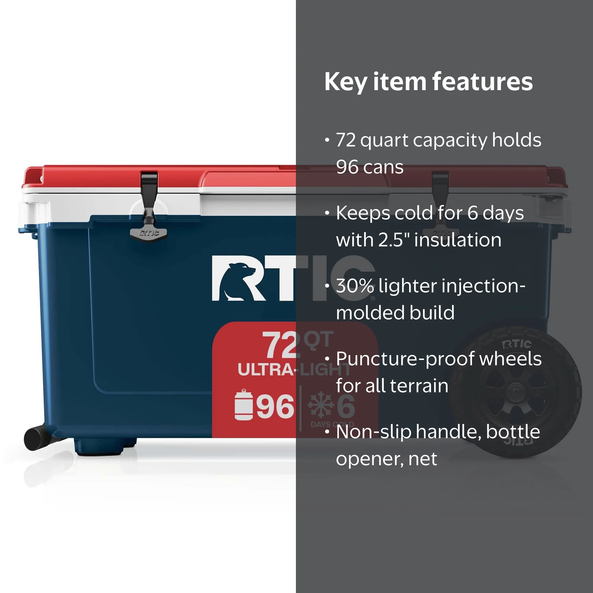 RTIC 72 QT Wheeled Hard-Sided Ice Chest Cooler, Ultra-Light, Fits