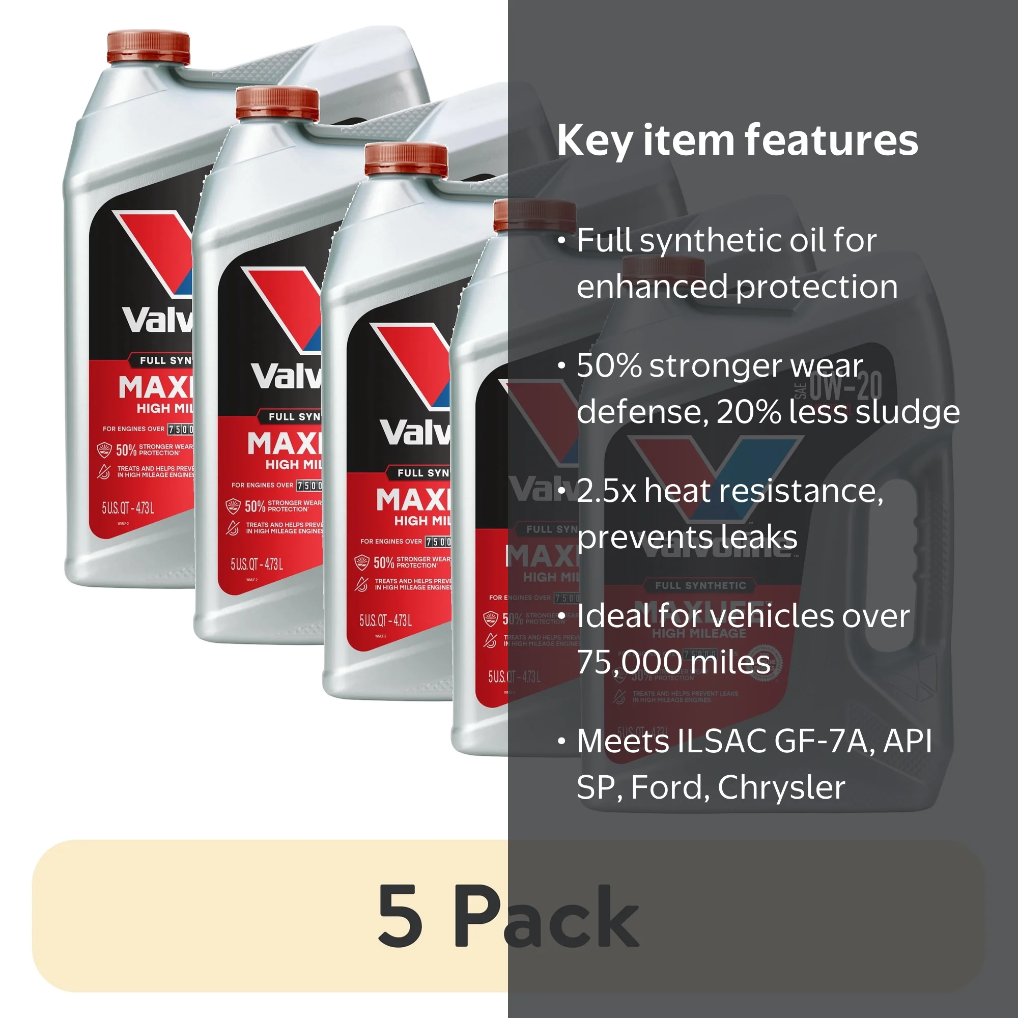 5 pack) Valvoline MaxLife Full Synthetic High Mileage 0W-20 Motor