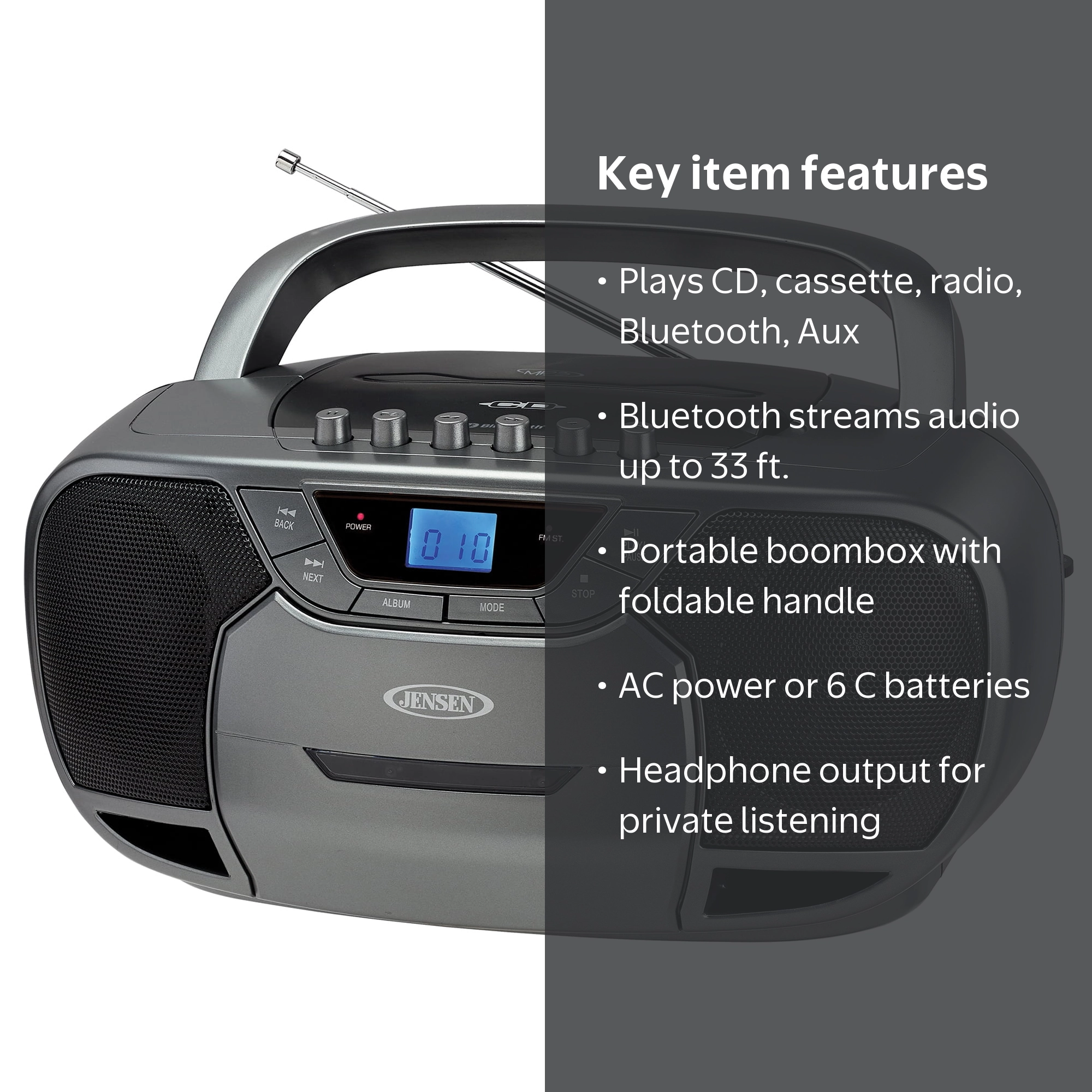 Jensen, Portable Stereo CD and Cassette Player, Bluetooth, AM FM