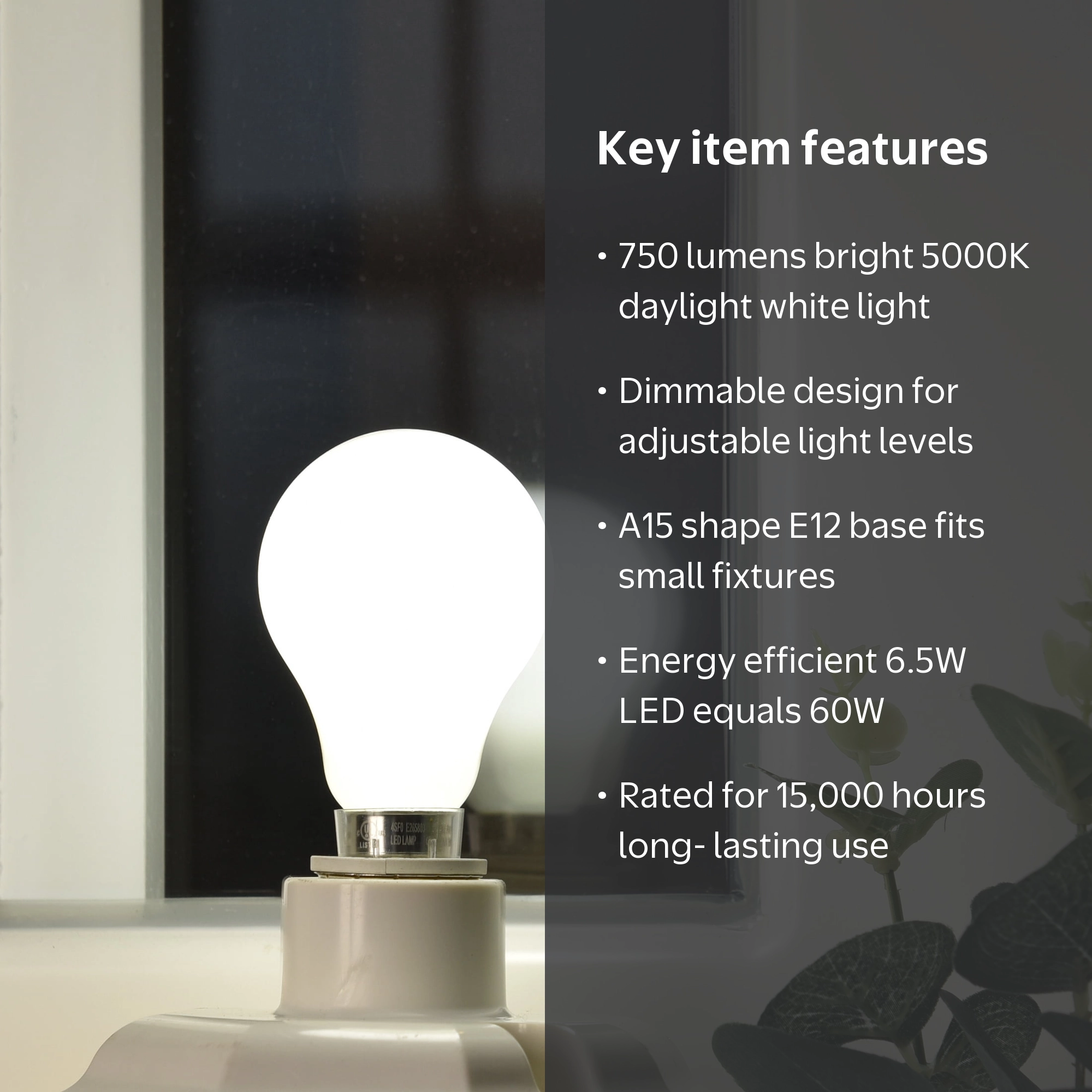 Great Value LED Ceiling Fan Bulb 6.5W Daylight A15 with E12 Base