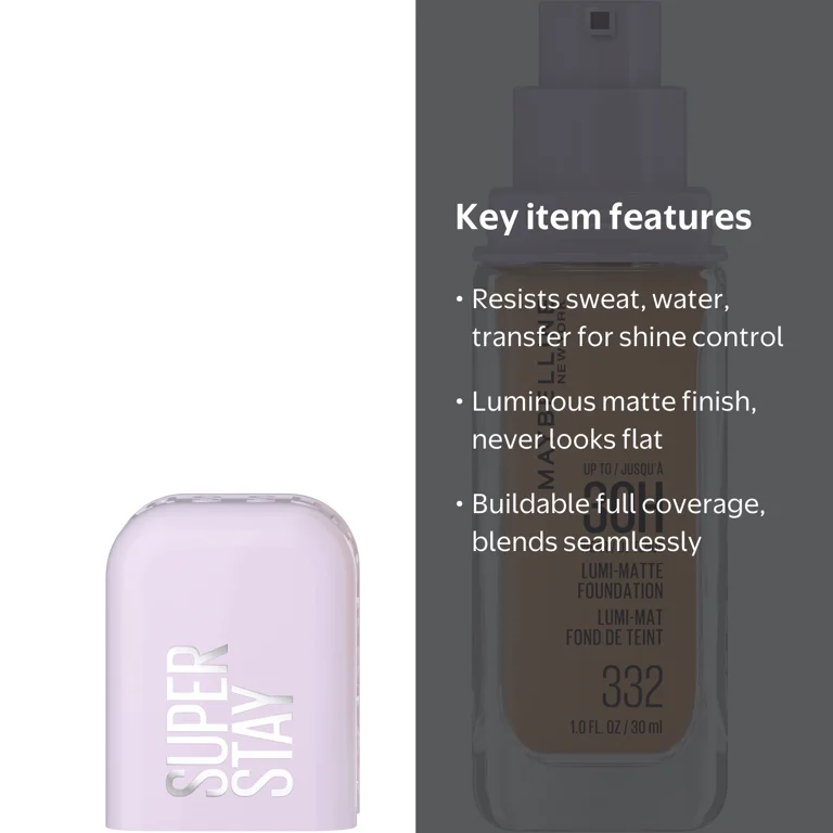 Maybelline Super Stay Lumi-Matte Foundation Makeup, 332, 1 fl oz