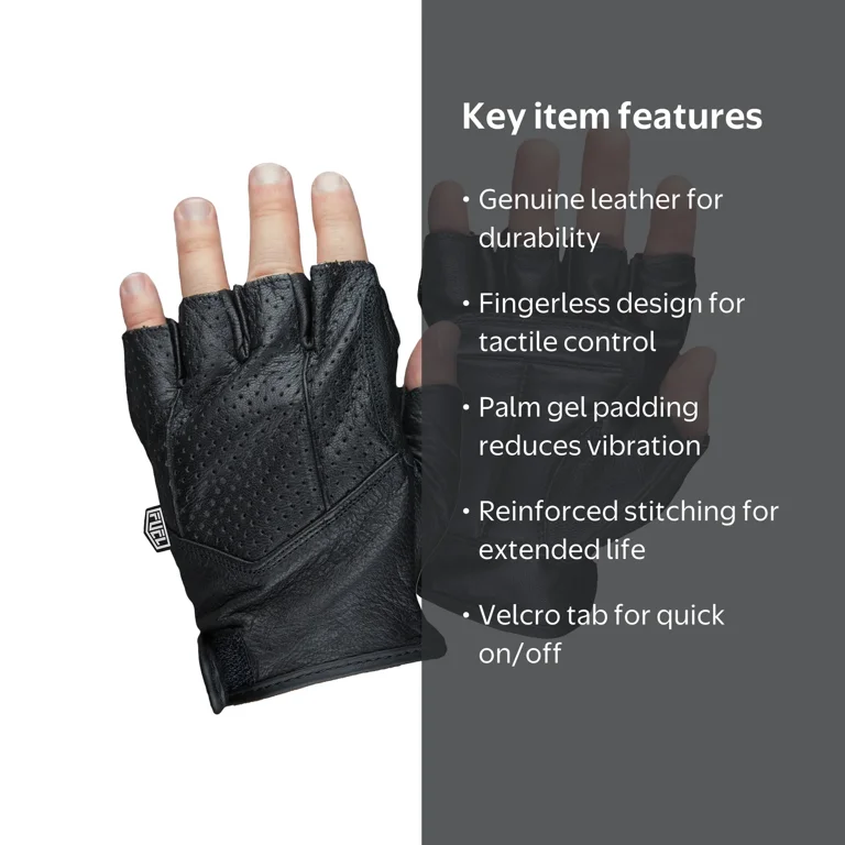 FUEL Adult Black Fingerless Leather Motorcycle Gloves Black