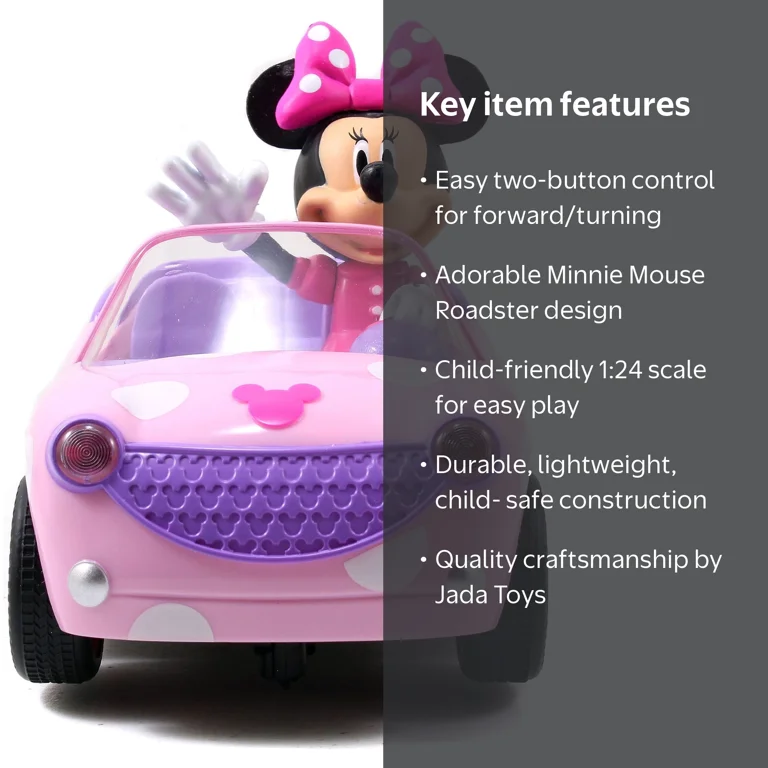 disney junior minnie mouse roadster remote control car Minnie Mouse R/C Car 1:24 Scale Pink Polka Dot Roadster Toy for Kids Ages 