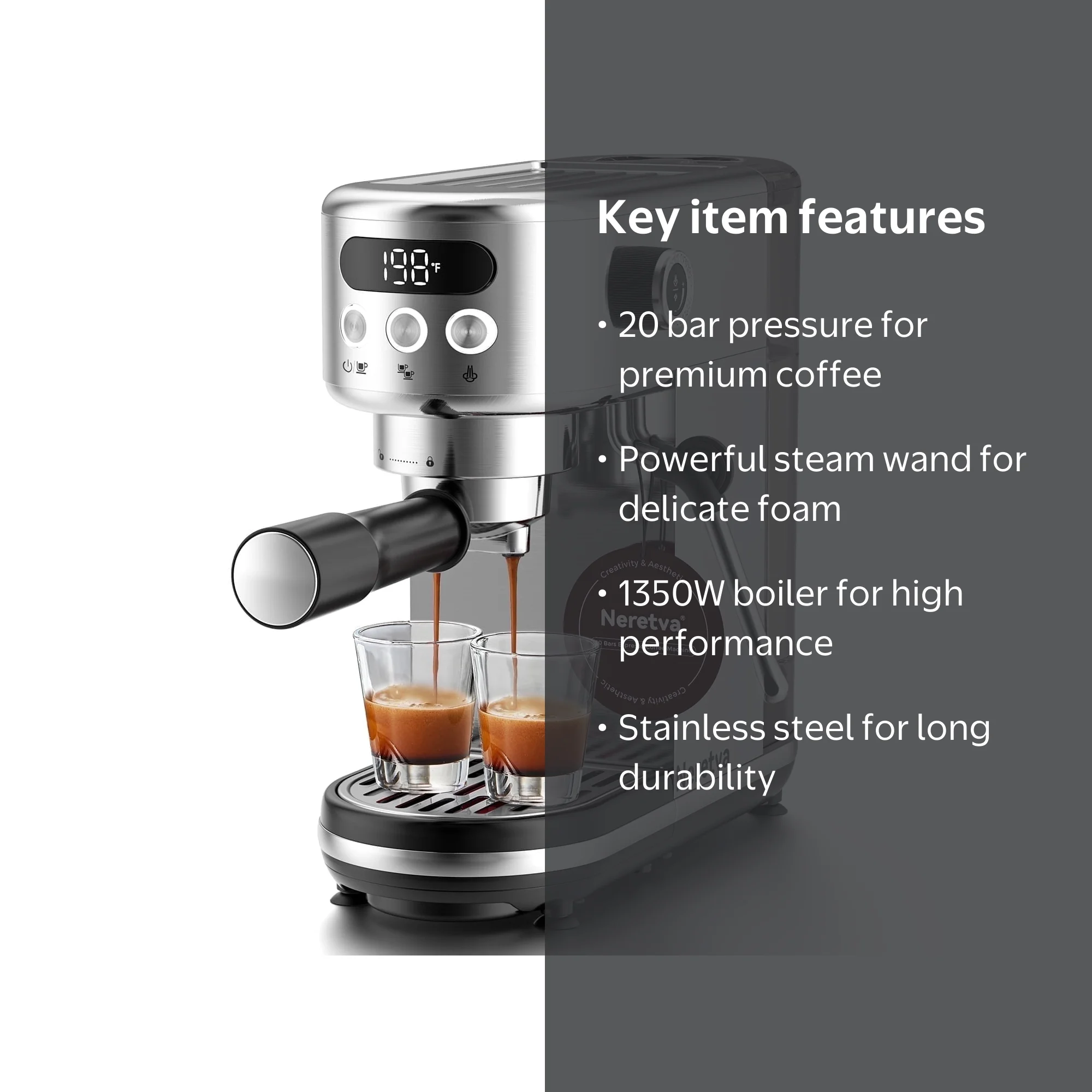 Neretva, 20 Bar Espresso Machine, Compact Stainless Steel, LED