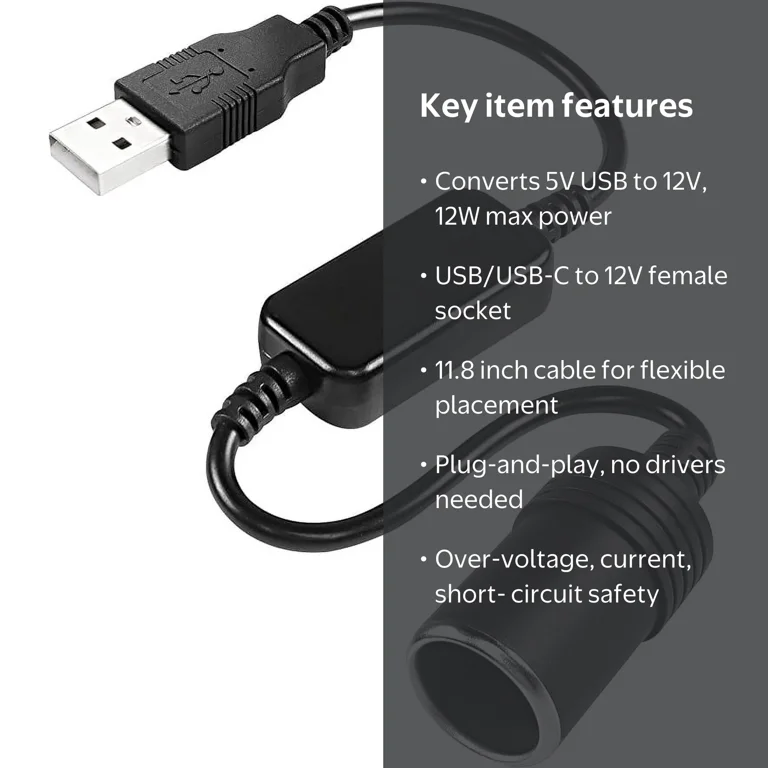 Keenso 12V USB A Male to Female Converter Cable Cigarette Lighter Adapters, Black