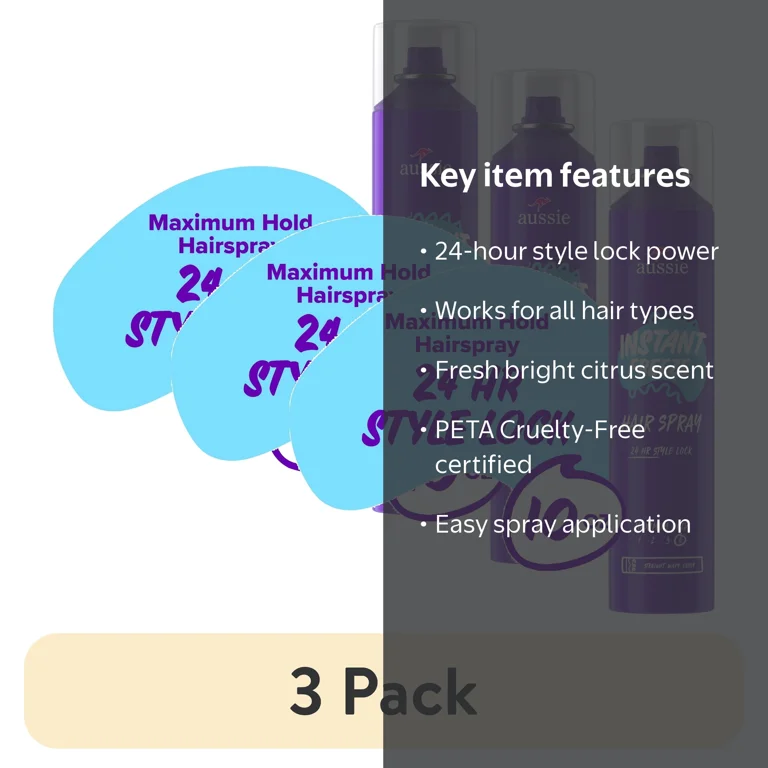 3 pack) Aussie Instant Freeze Hair Spray for Curly Hair, Straight