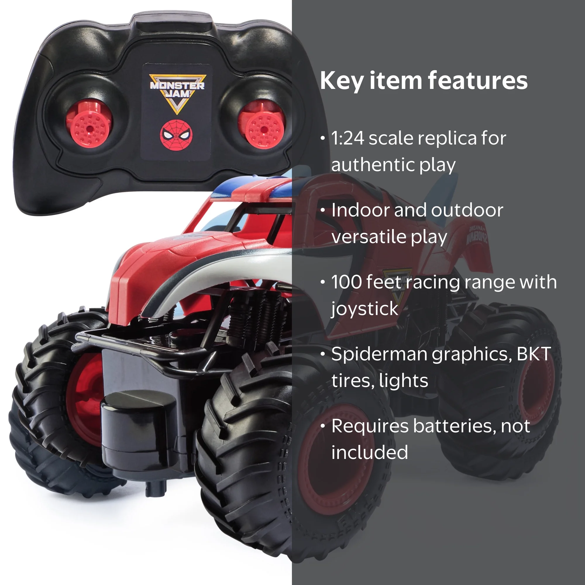 Monster Jam, Marvel Spider-Man RC Monster Truck, 1:24 Scale