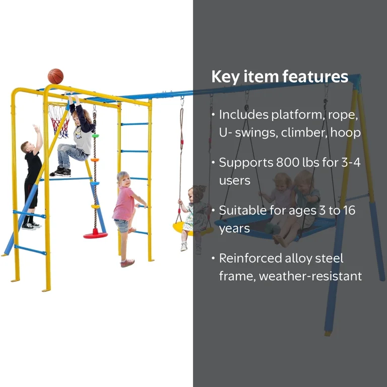 KALNUR 6 in 1 Swing Sets for Outside,A-Frame Swing Set with Monkey
