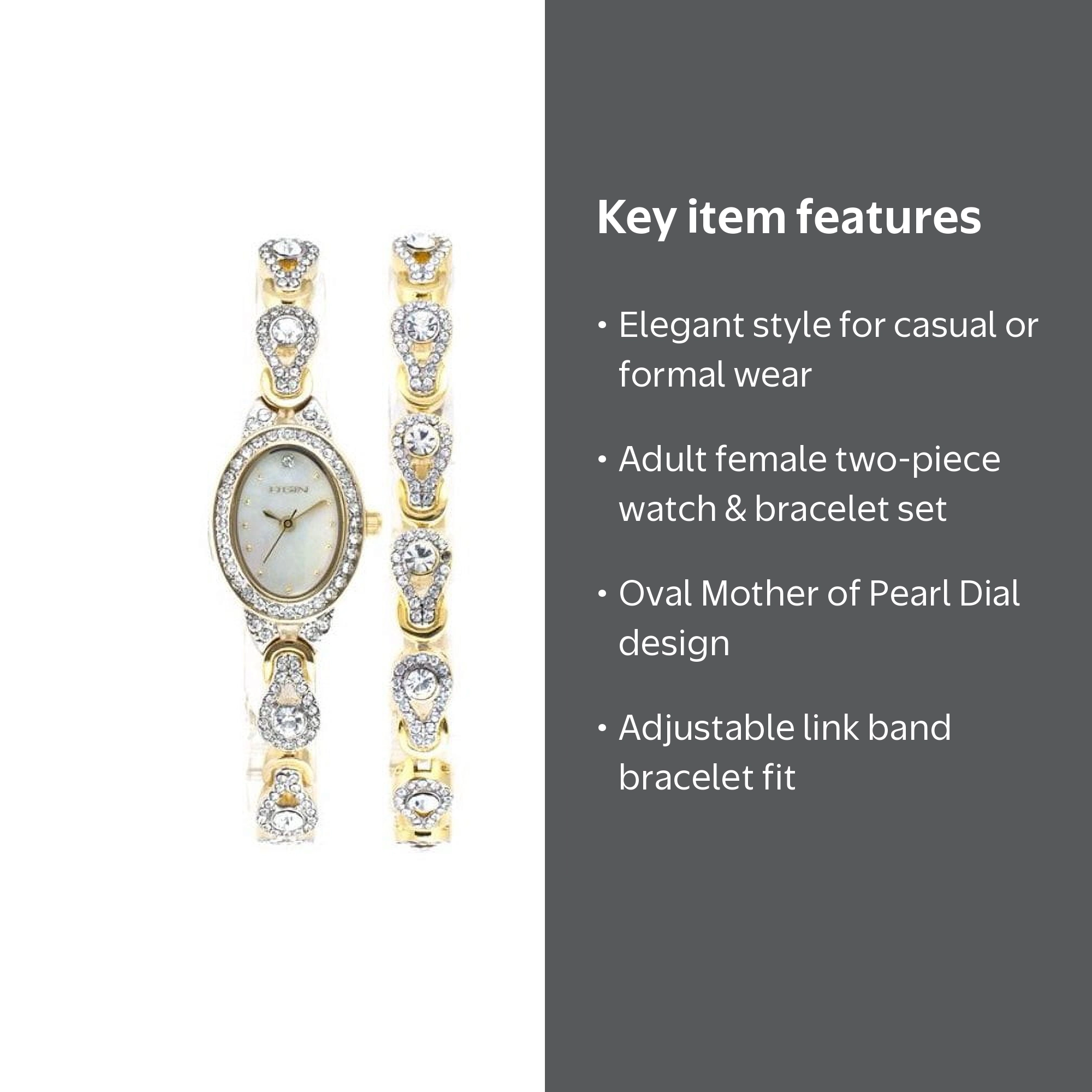 Elgin Adult Female Analog Watch 2pc Set with Oval Mother of Pearl