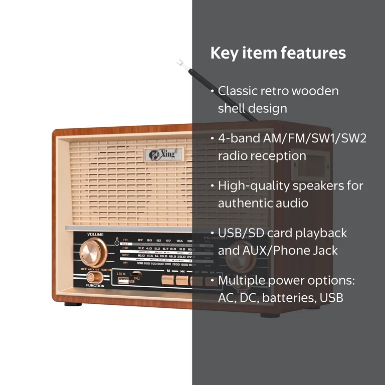 Topteng Retro Radio Bluetooth Tabletop Radio, 12.6x8.3x5.7in