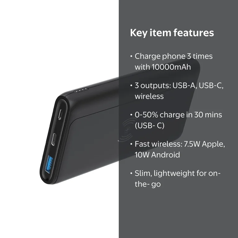 OdeMobile 10000mAh Power Bank, Wireless Charging, Fast USB-C