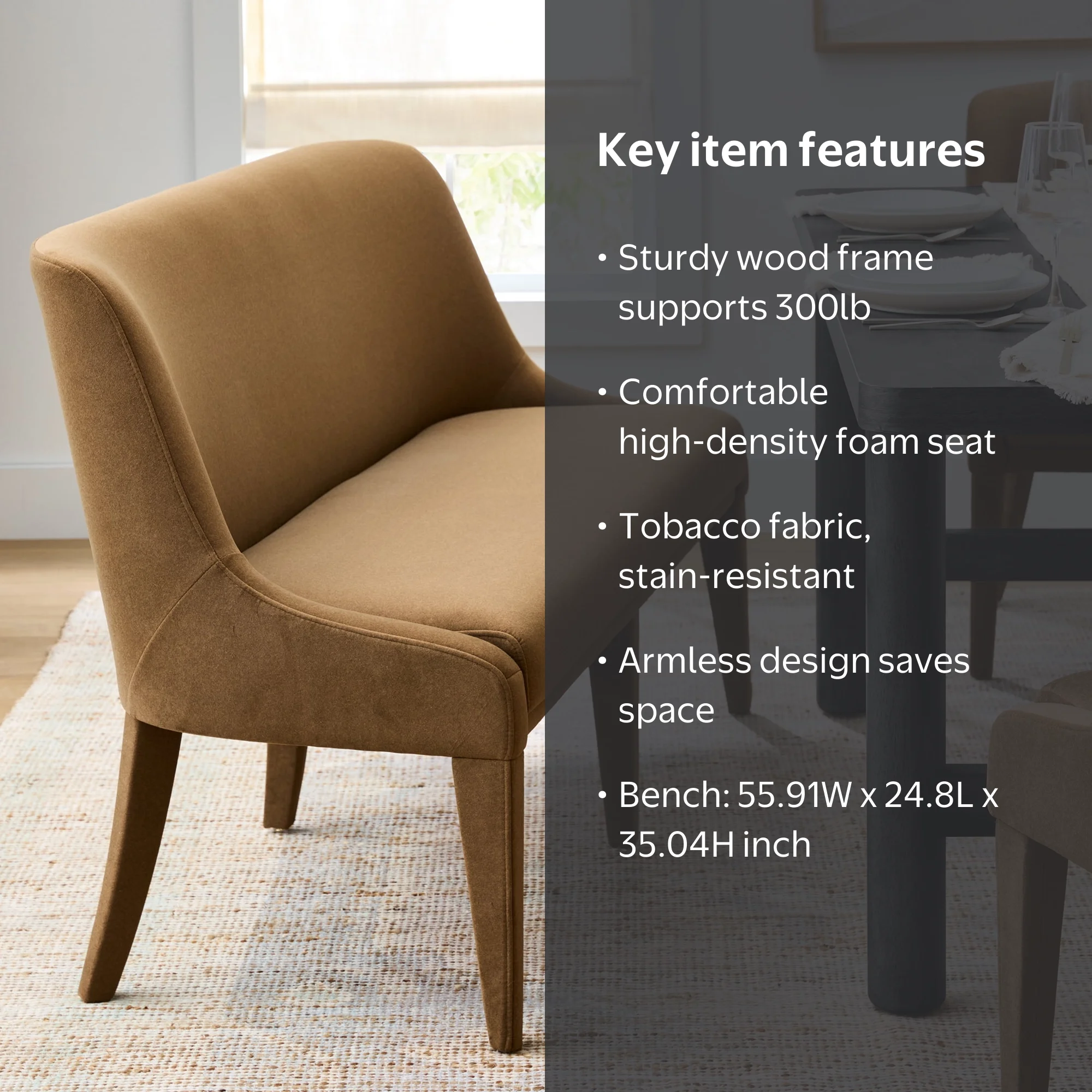 Better Homes & Gardens Windsor Upholstered Dining Bench, Tobacco