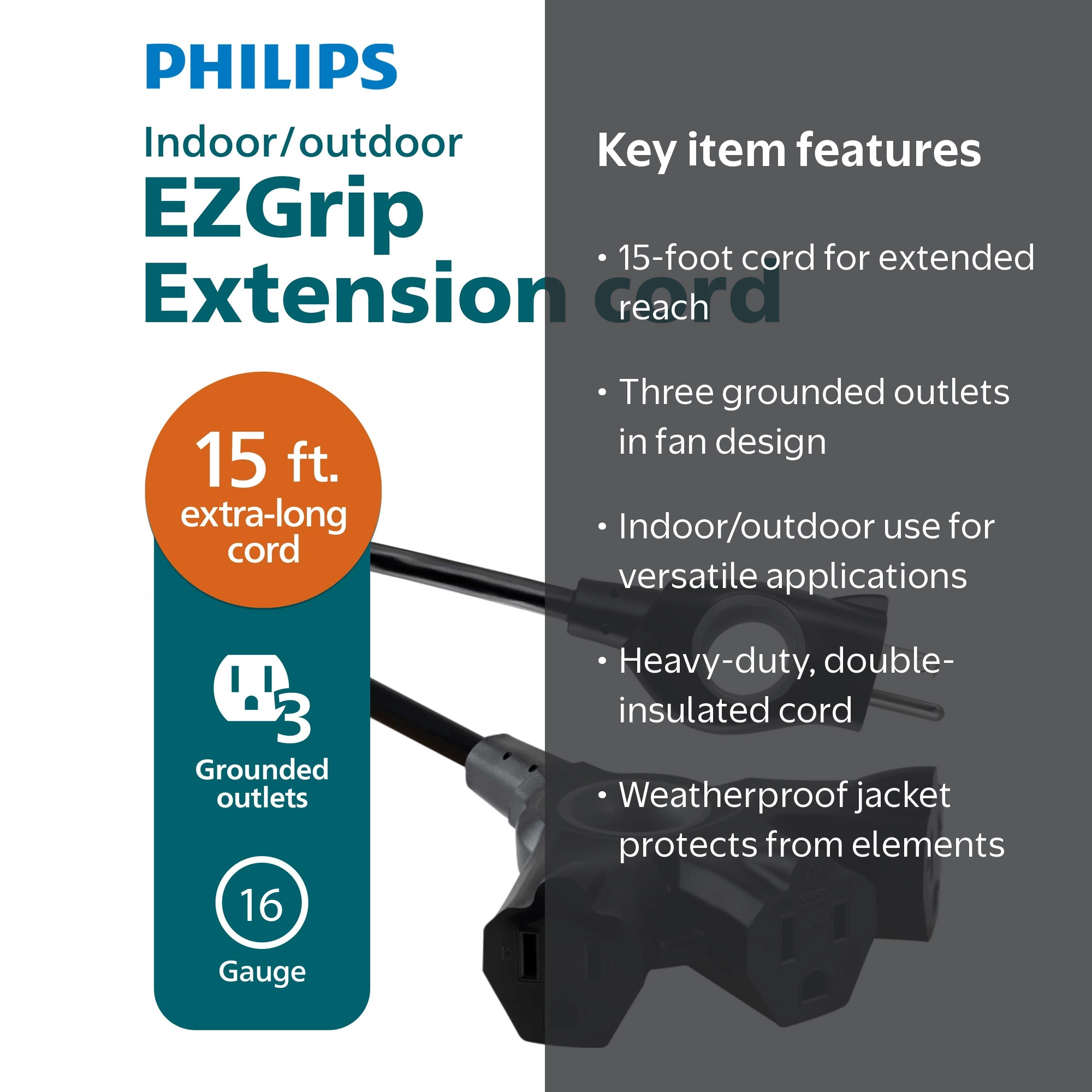 Philips EZGrip 15FT Black Outdoor Indoor Extension Cord with 3