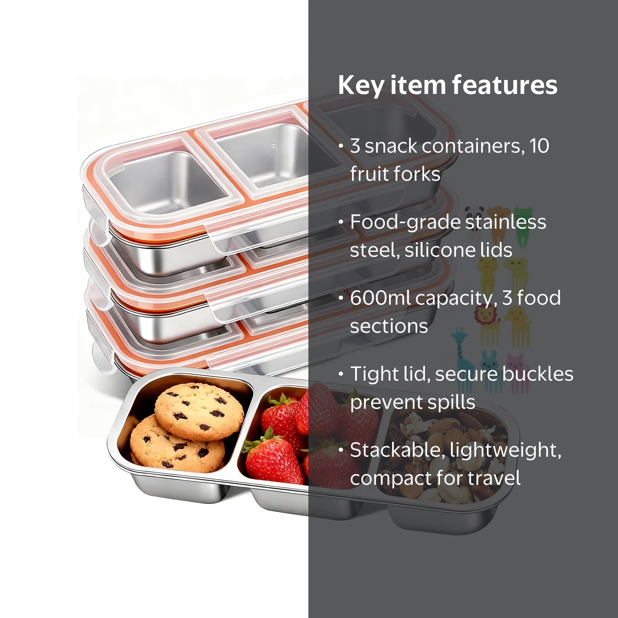 3 Pack Stainless Steel Snack Containers, 3 Compartment Metal Bento