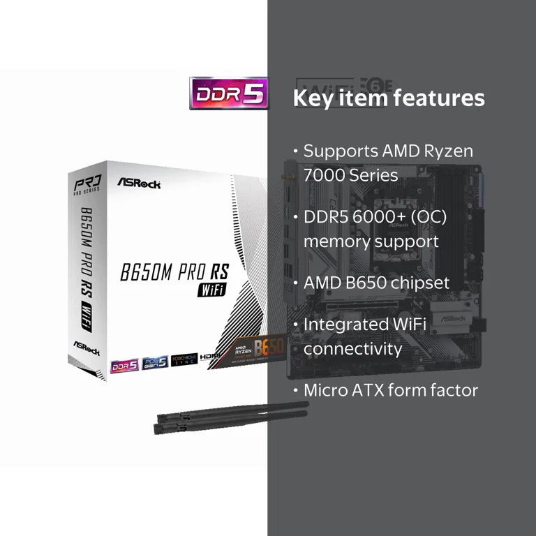 ASRock Motherboard B650M Pro RS WiFi AM5 Micro ATX supports Ryzen