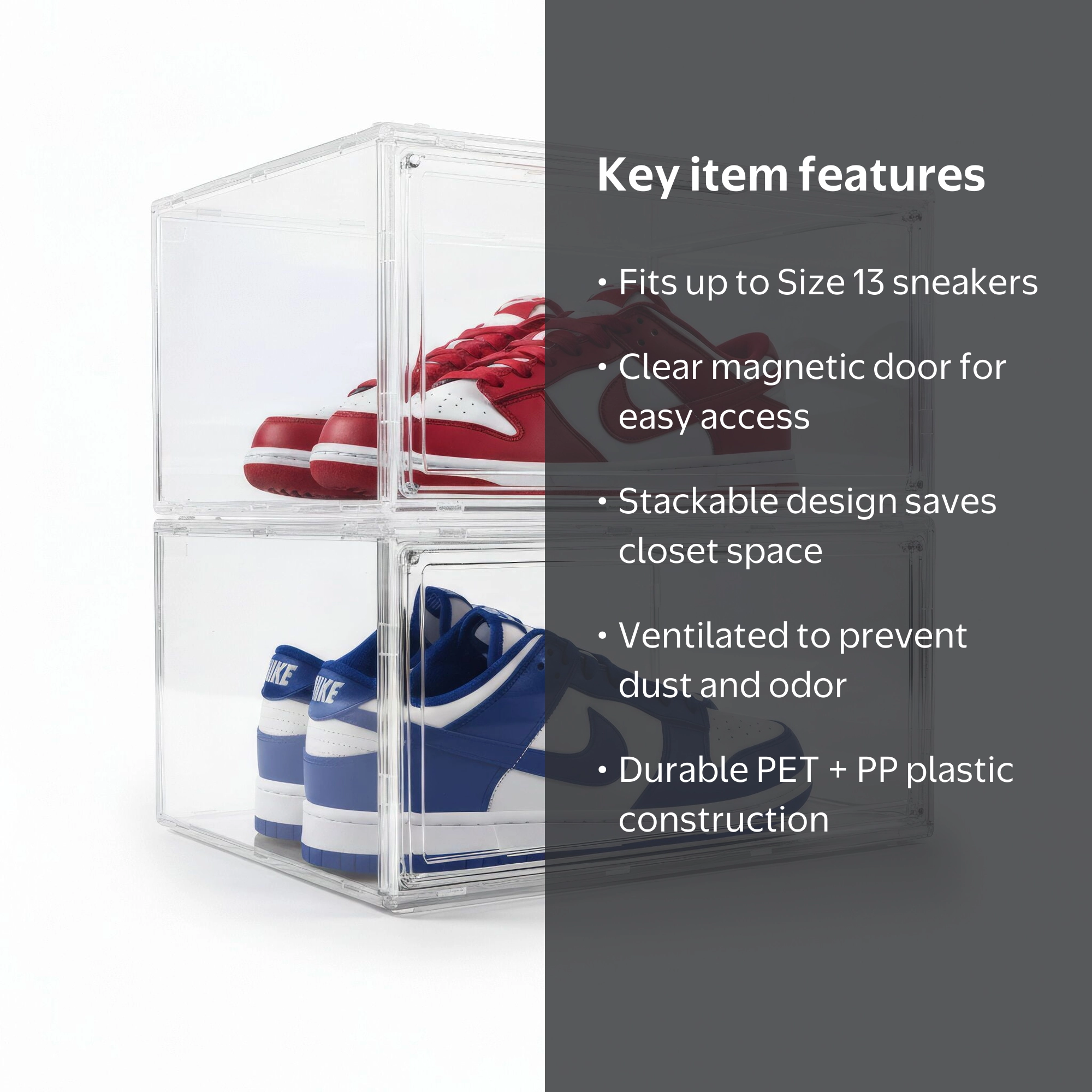 Kicks & Co XL Clear Plastic Shoe Storage Box, Stackable with Lids