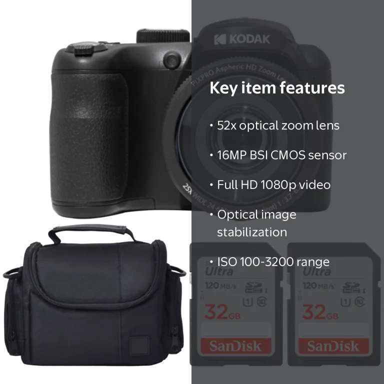 Kodak PIXPRO AZ255 Digital Camera (Black) + SanDisk 32GB Memory