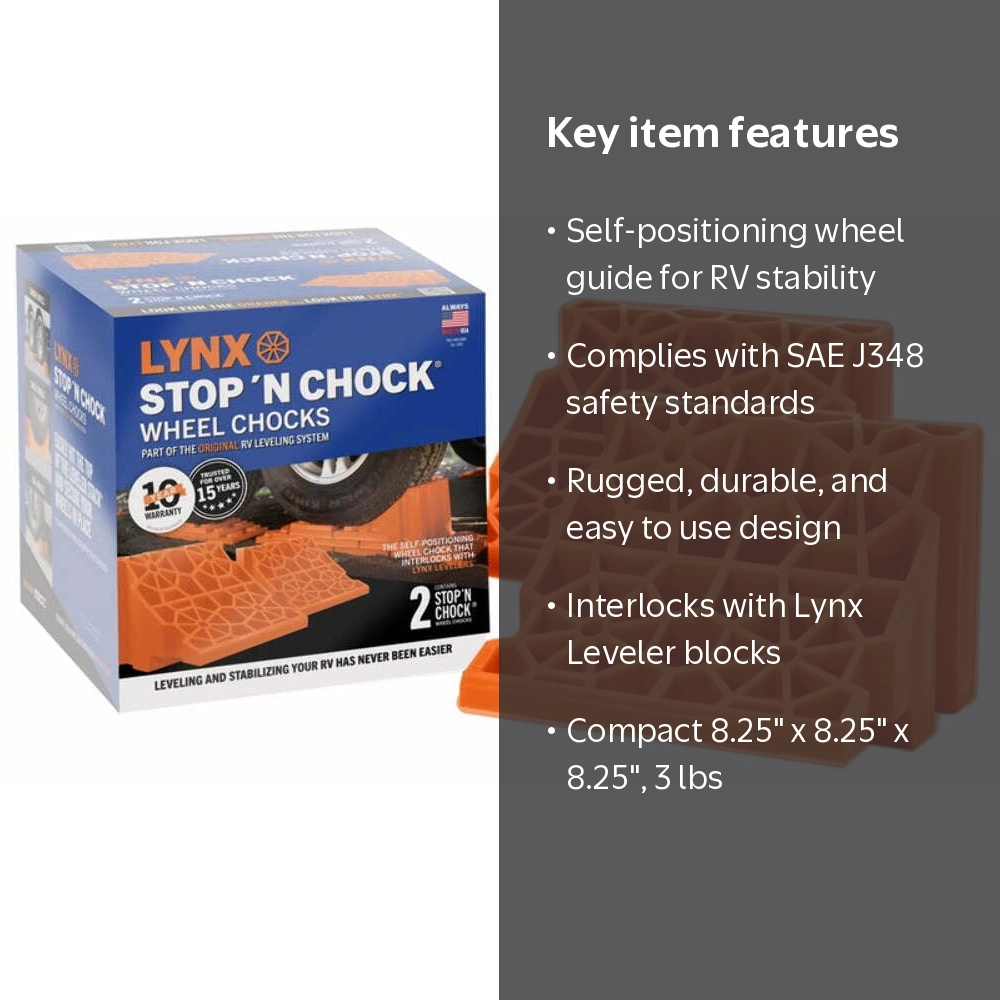 Lynx Stop 'N Chock RV Wheel Chock 2 Pack, 00018, Orange, 8.25