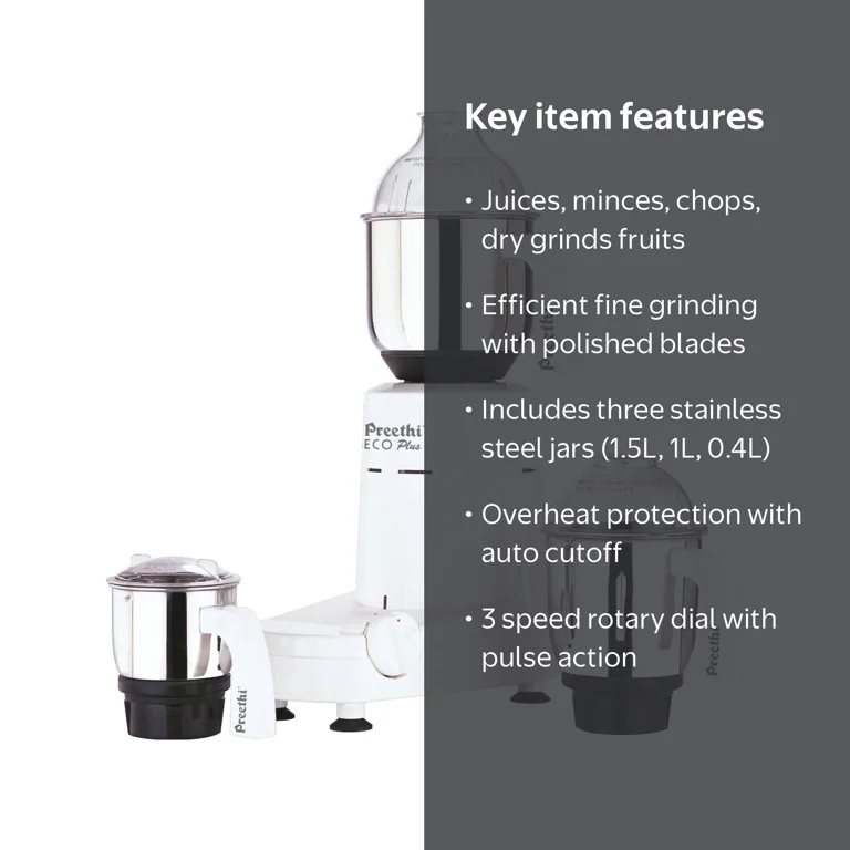 Preethi Eco Plus Kitchen Mixer Grinder - Dry Spice Grinding, 3