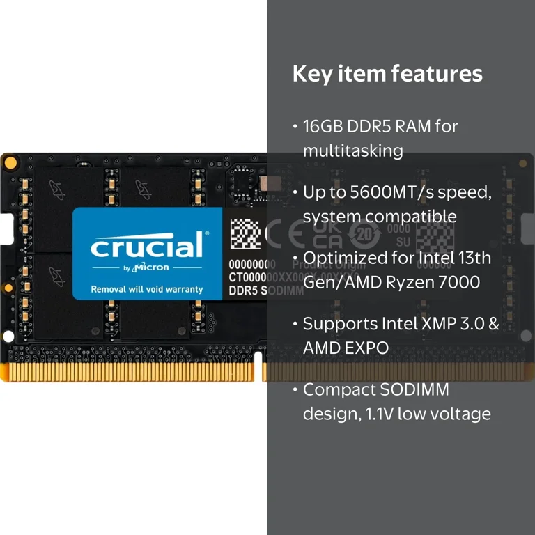 Crucial RAM 16GB DDR5 5600MT/s (or 5200MT/s or 4800MT/s) Laptop
