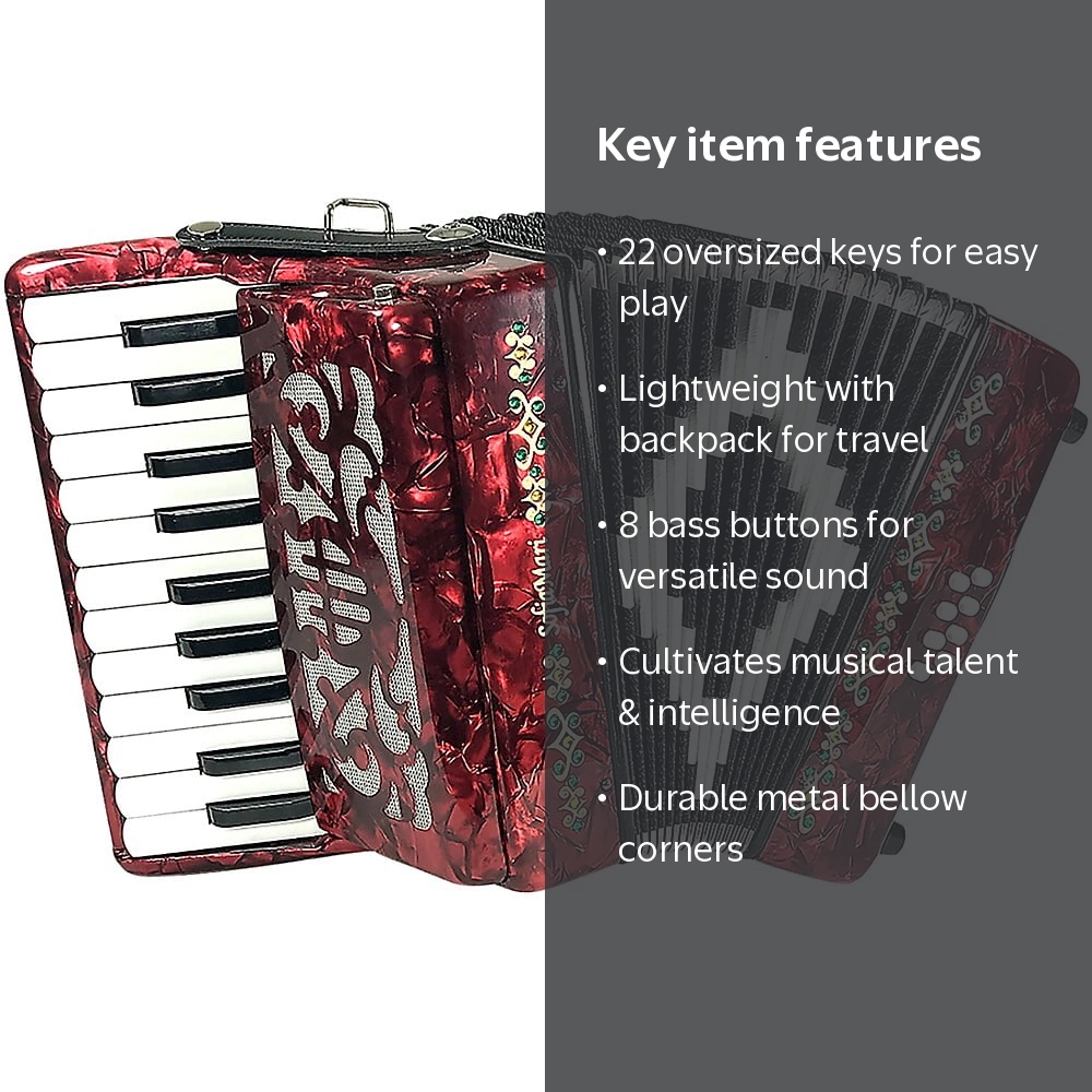 SofiaMari Mini Traveler Accordion, 22 Keys, 8 Bass Buttons, Red