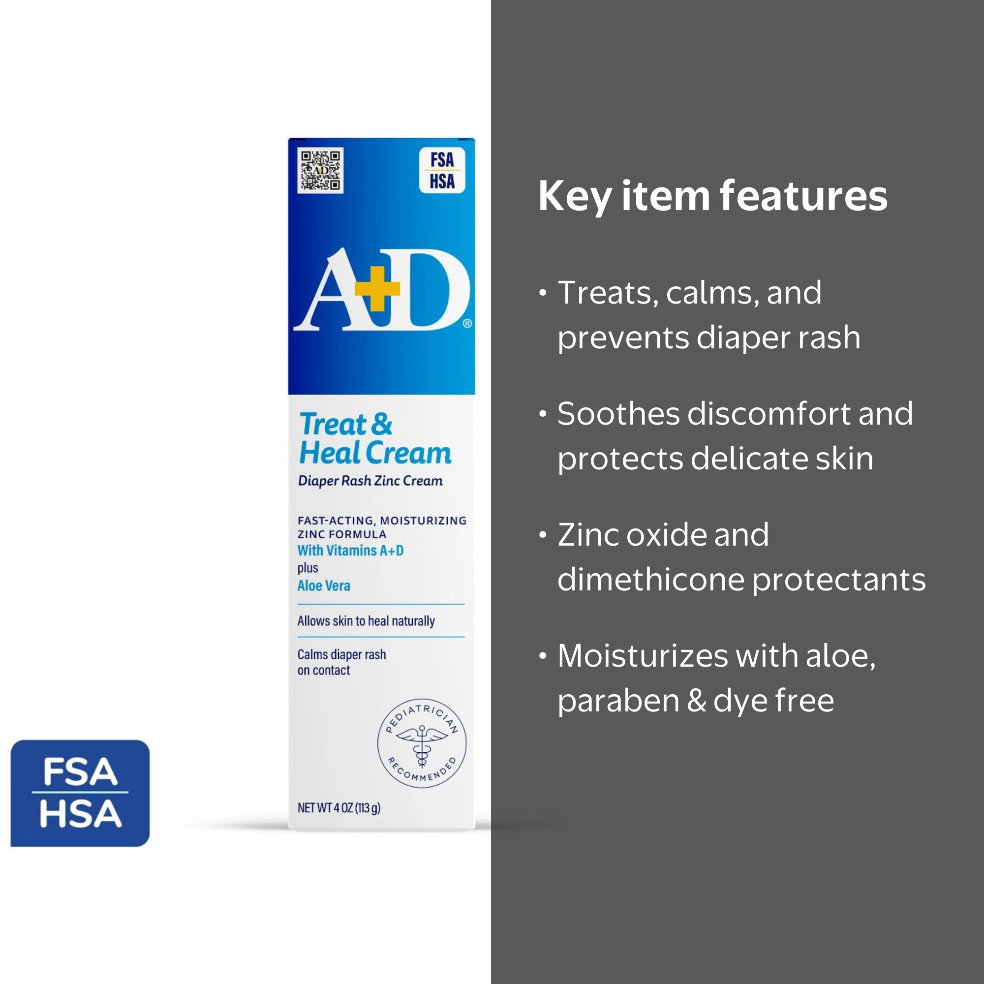 A+D Medicated Diaper Rash Cream with Zinc, 4oz HSA/FSA Eligible