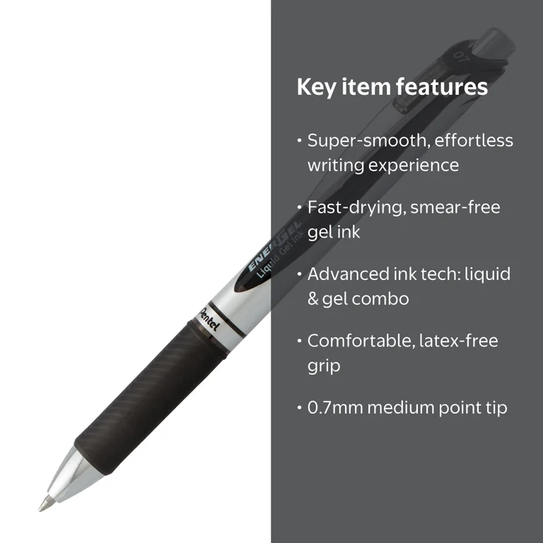 Pentel, Gel Ink Pen, EnerGel RTX 0.7mm, Black Ink, 3 Pack