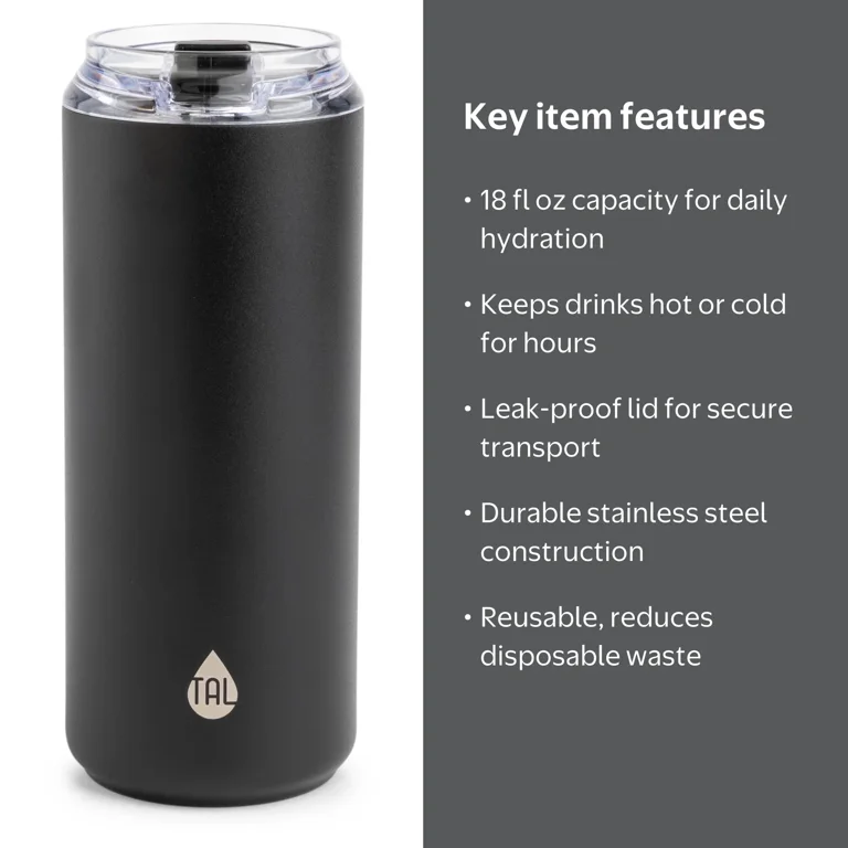 TAL, Stainless Steel Tall Boy Tumbler, 18 fl oz, Black - Walmart.com