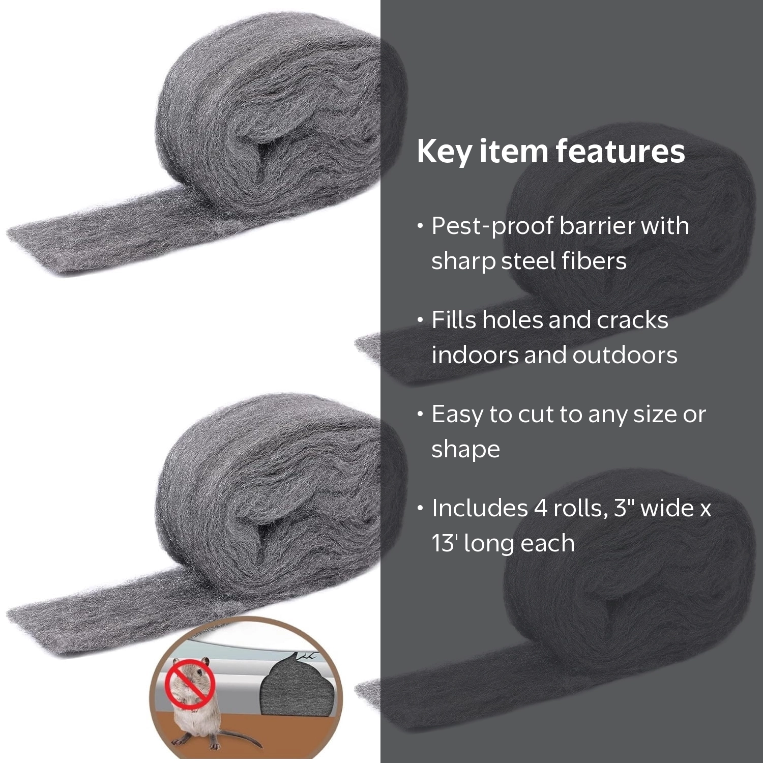 Steel Wool Mice Control 4'' * 42' Total Rodent Control Fill Fabric, Steel Wool Pads Mouse Blocker Keep Mice Away From Holes Wall Cracks Gaps4 Rolls