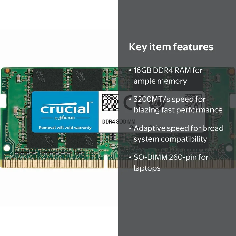 Crucial, Laptop Memory, 16GB DDR4 3200 PC4-25600 SO-DIMM