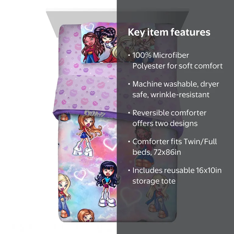 Bratz Kids 4 Piece Purple Reversible Comforter, Bed in a Bag, Twin