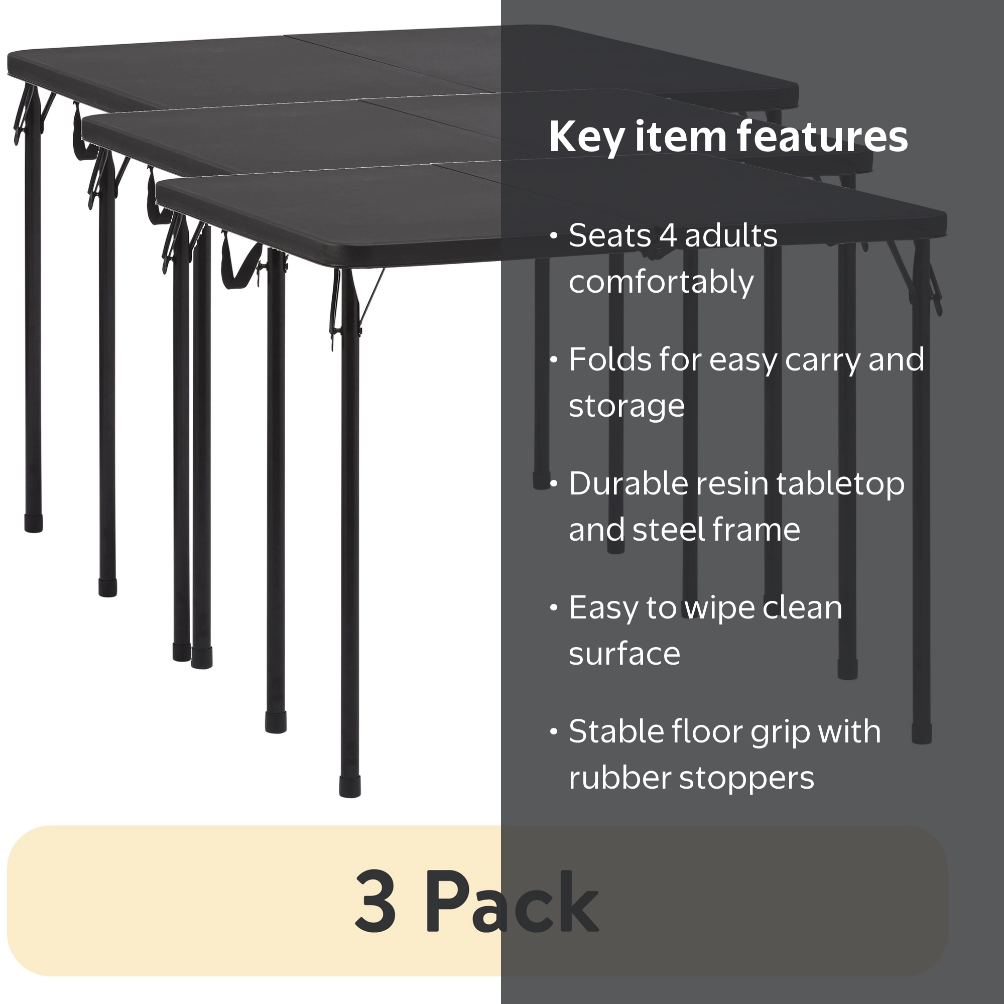 Mainstays 34in Square Plastic Folding Table Rich Black Durable