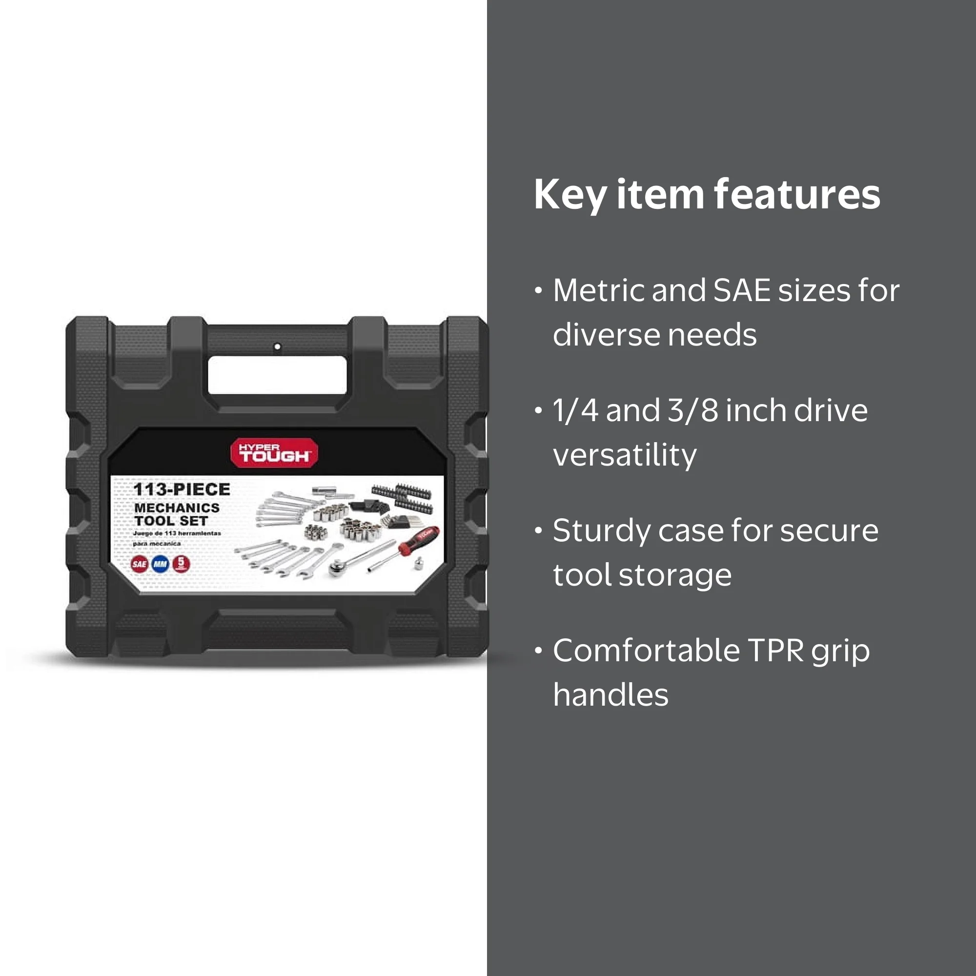 Hyper Tough 113 Piece Mechanics Tool Set, 1/4 and 3/8 Inch Drive