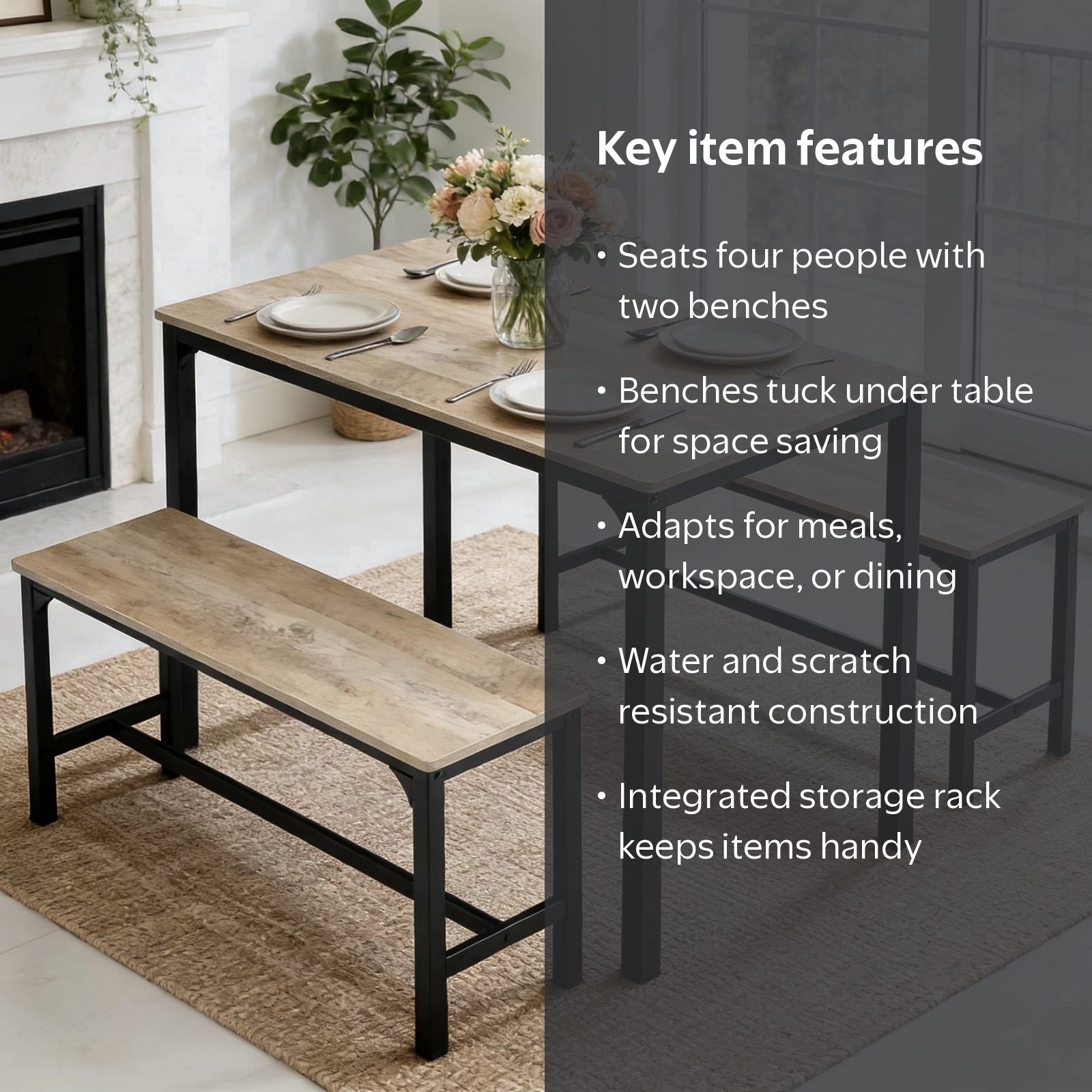 edx Dining Table Set for 4 with 2 Benches, Space-Saving Ideal 4