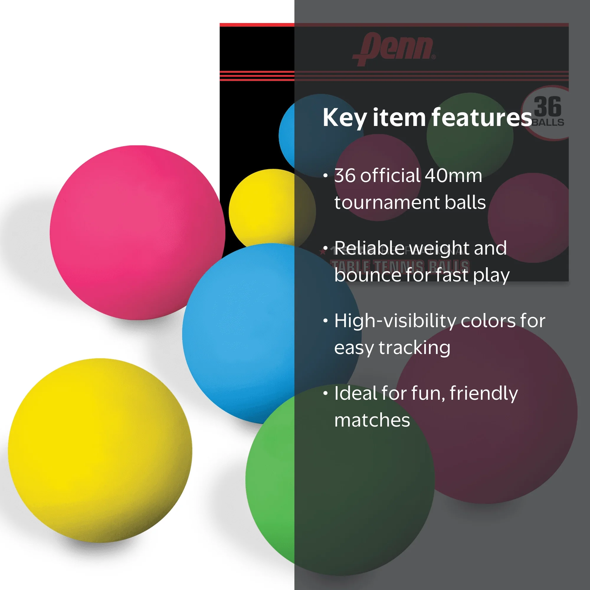 Penn 40mm 1 Star Colored Table Tennis Balls, Box of 36 Official